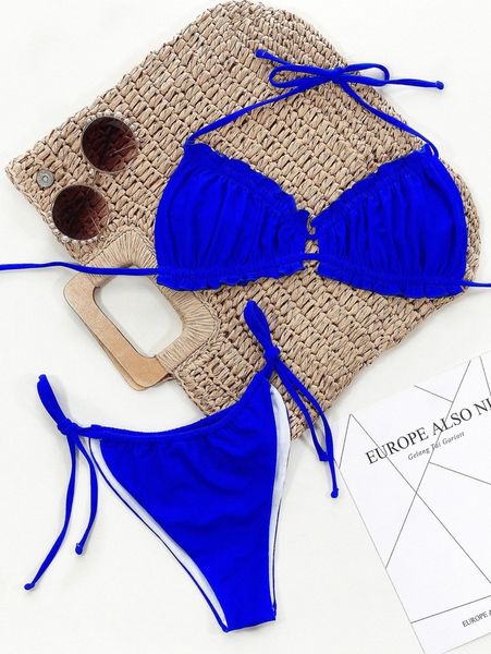 

plus solid frill trim tie side bikini swimsuit n16k#, Black