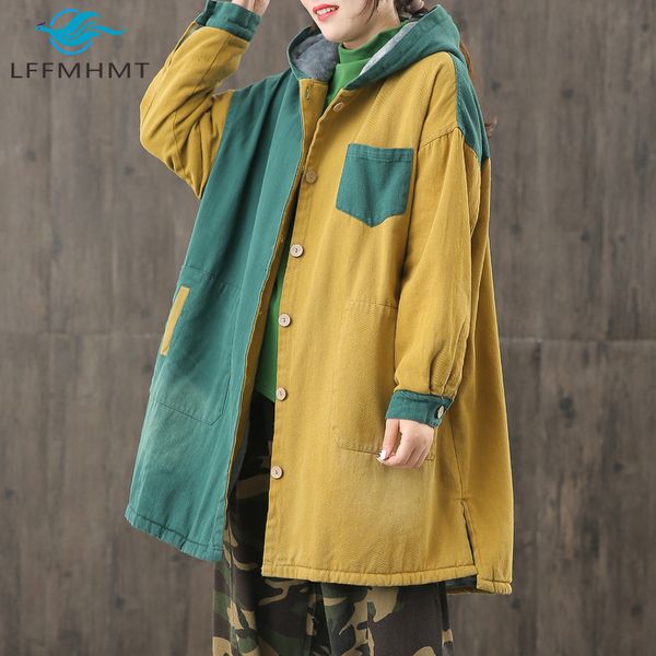 

2021 women winter new fashion large size casual contrast color patchwork hoodie warm fleece coat female vintage oversize parkas aqnr, Black