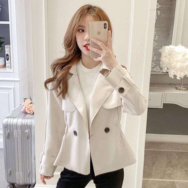 

women's autumn 2021 new korean style temperament lapel wild short loose and thin long-sleeved windbreaker jacket trend, Tan;black