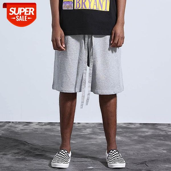 

high street ribbons straight solid kanye shorts mens harajuku elastic waist oversize summer knee length pants #ks4t, Black