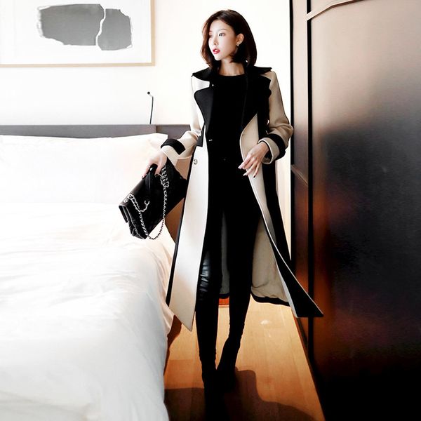 

korean winter women windbreaker thick warm overcoat fashion woollen double breasted patchwork long sashes coat outwears, Black;brown