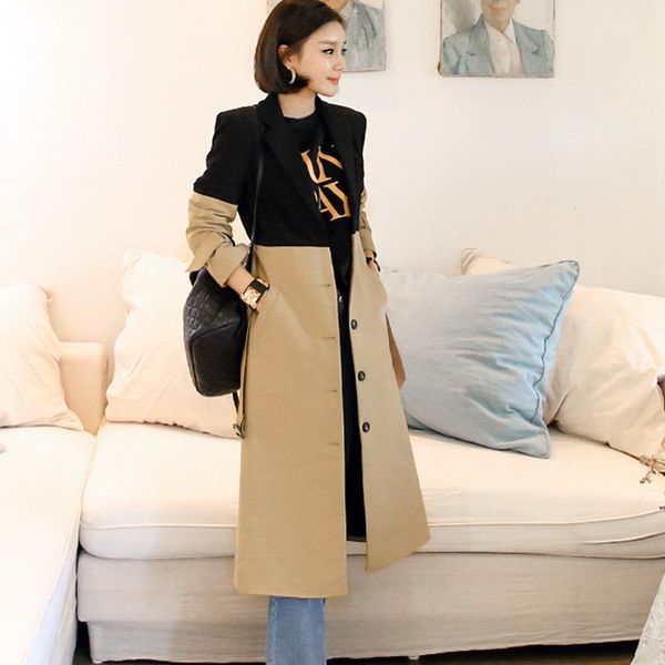 

women's trench coats fashion women comfortable patchwork arrival autumn winter temperamental cute trend outerwear long coat, Tan;black