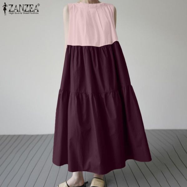 

casual dresses elegant pleated o neck dress summer ruffle sleeveless patchwork sundress women loose ol vestidos maxi party kaftan, Black;gray