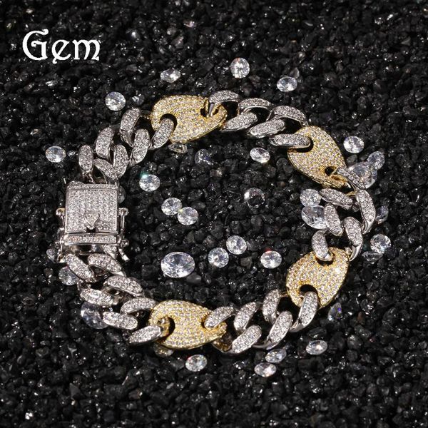 

tennis men's copper inlaid zircon color matching cuba chain hip hop lovers bracelet, Golden;silver