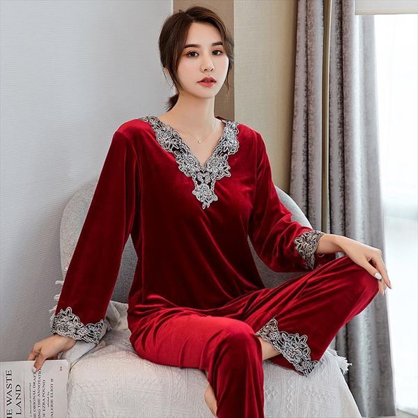 

autumn 2pcs pajamas set velvet womens sleepwears nightwear lace pijamas suit casual shirt amp pants bathrobe velour homewear, Black;red