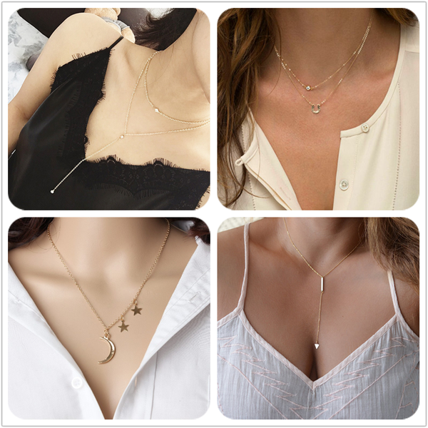 

fashion holiday seaside resort beach jewelry crystal triangle water drop u shape star moon chains necklace, Silver