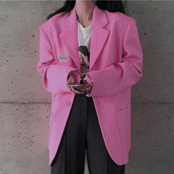 

women's suits & blazers [ewq] korea casual trend women lapel single-breasted leather label loose fashion pink long-sleeved blazer autum, White;black