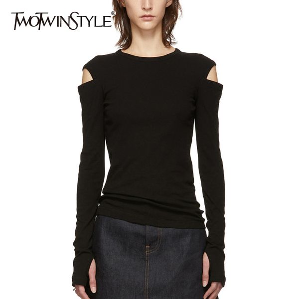 

twotwinstyle casual women t-shirt o neck long sleeve hollow out off shoulder slim t shirt female fashion clothing tide 210302, White