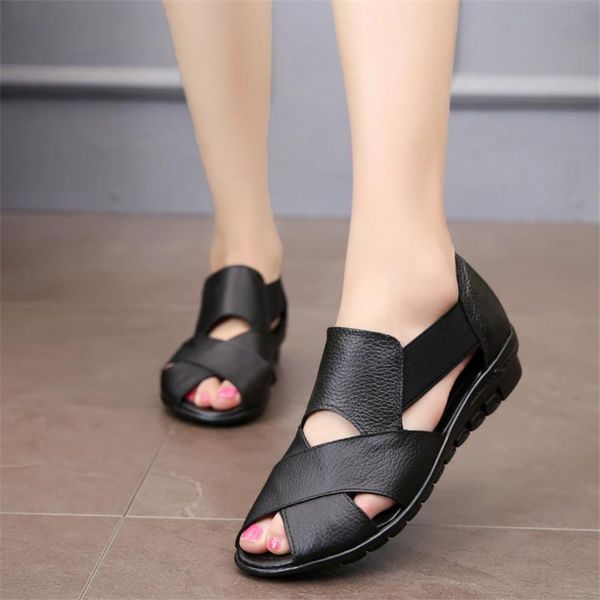 

sandals plus size women summer lady gladiator rome sheos leather flat open toe casual beach sandalias, Black