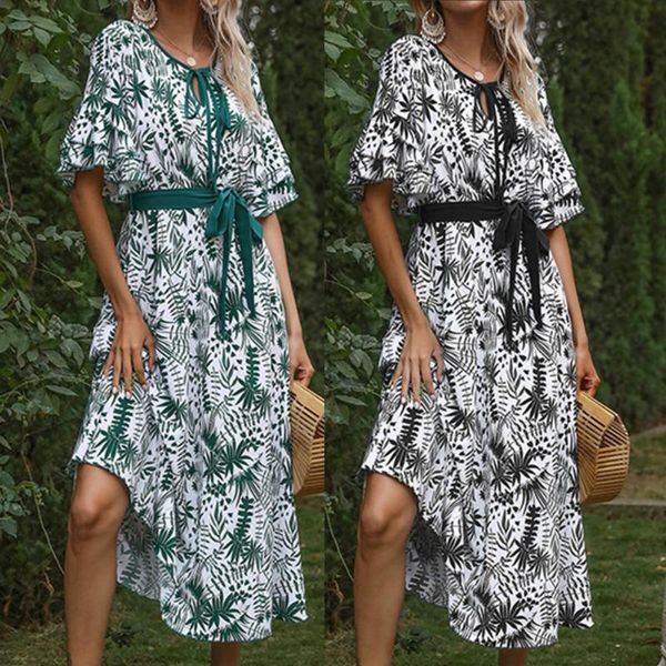 

casual dresses long floral print dress robe ruffle half sleeve women plant leaf thin v neck lace-up large hem midi streetwear, Black;gray