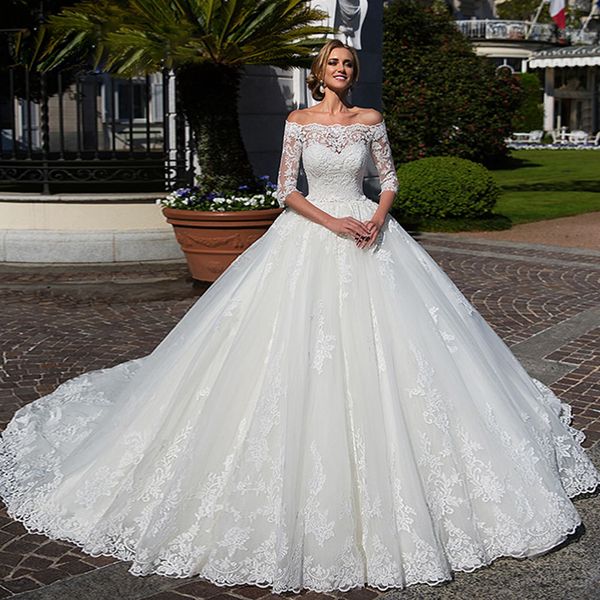 

2021 new vestido novia half sleeve ball gown lace wedding with 1m train boat neck princess robe de mariee trouwjurk bridal gowns i1ac, White