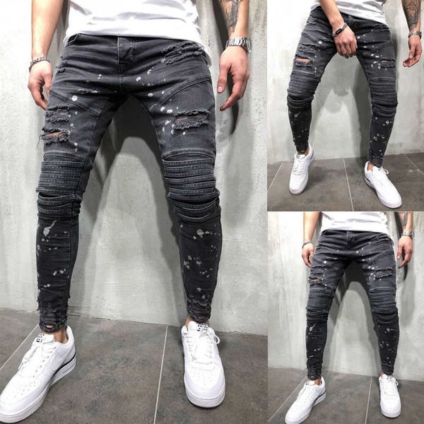 

2020 new men ripped dot printed skinny jeans destroyed frayed slim fit denim pant casual men slim hole zipper balck jeans pants x0621, Blue