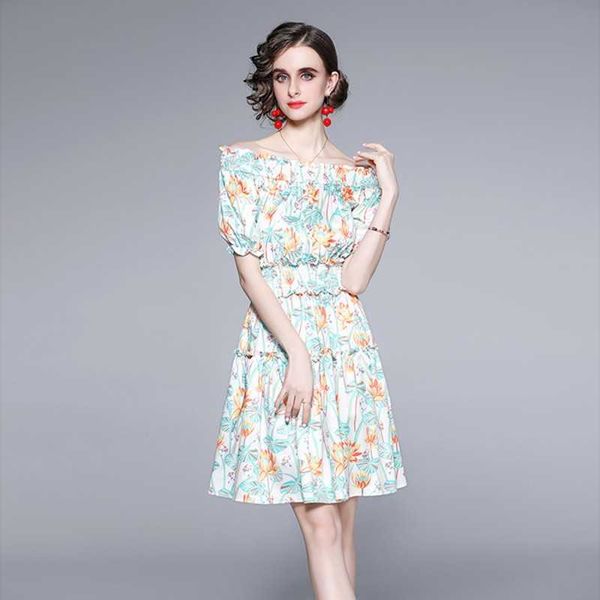 

summer elegant women slash neck short sleeve flower dres beach boho floral print elastic waist 210531, Black;gray