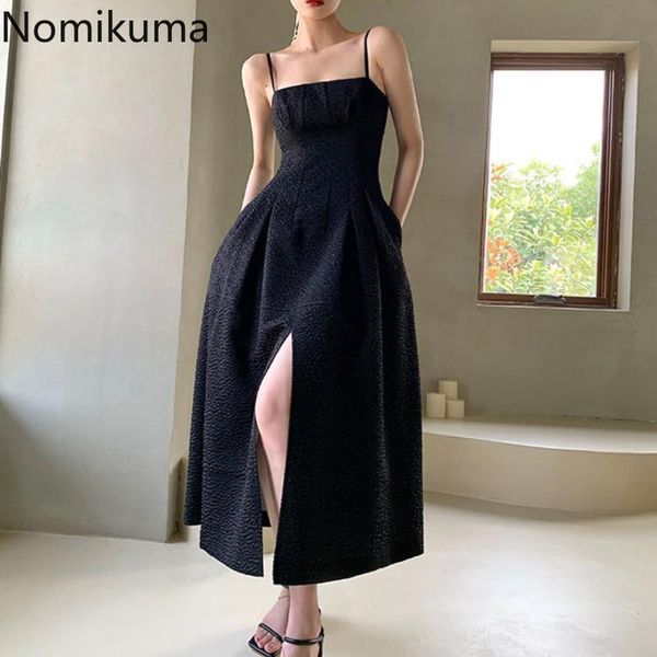

casual dresses nomikuma korean square collar sleeveless sling dress elegant slim high waist split a-line vestidos femme 2021 6h126, Black;gray