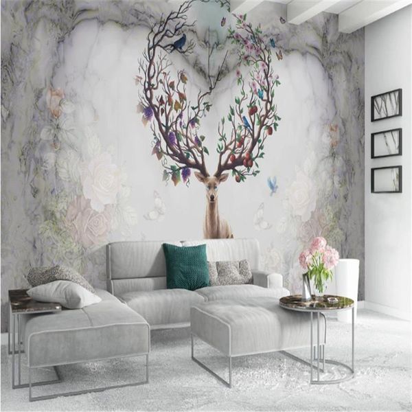 

wallpapers nordic nostalgic elk heart-shaped marble background mural for living room bedroom walls 3d wall papers home decor