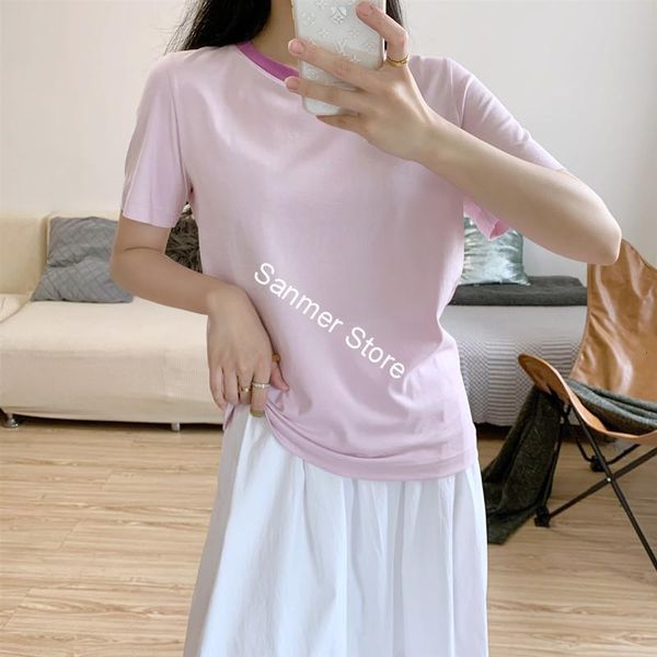 

2021 new algodo cor retalhos t-shirts simples o pescoo seagem manga curta pulver feminino vero novo jyu4, White