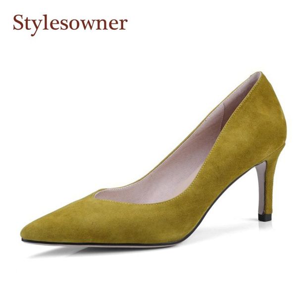 

stylesowner 2021 kid suede women high heel shoes 7cm rome yellow black shallow mouth dress pumps shoe valentine dating shoe