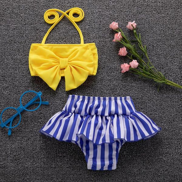 

one-pieces children baby girls bikini swimwear 2021 toddler kids girl striped printed bow swimsuit beach set for, Black