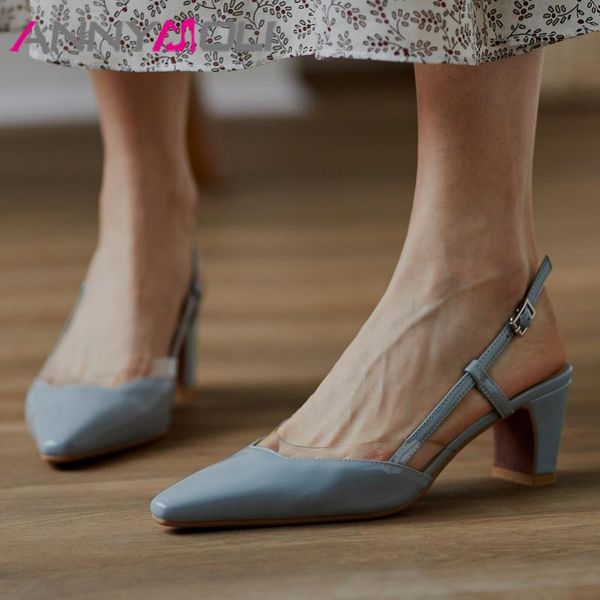 

dress shoes annymoli pumps women real leather high heel slingbacks pointed toe block heels transparent lady footwear summer apricot, Black