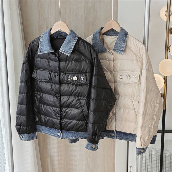 

autumn and winter 2020 new women's clothing korean fashion denim splicing long sleeve short down jacket light pu h172, Black
