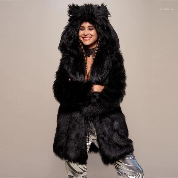 

women's down & parkas s-2xl size faux fur regular coat 2021 winter cute warm leopard print animal hooded pie to overcome mf064, Black