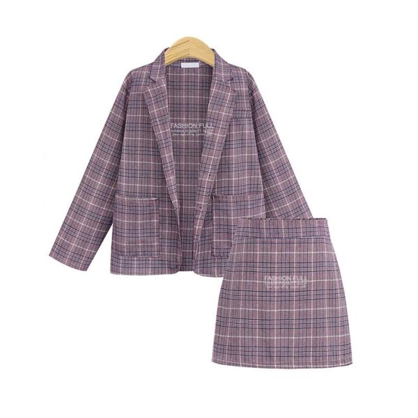 

two piece dress ladies suits autumn and spring elegant office plaid long-sleeved single-breasted pocket suit jacket + skirt 2021, White