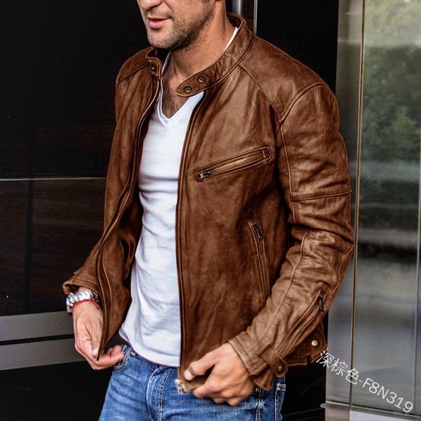 

men's jackets 2021foreign trade european and american brand spring autumn leather coat stand-up punk locomotive jacket, Black;brown