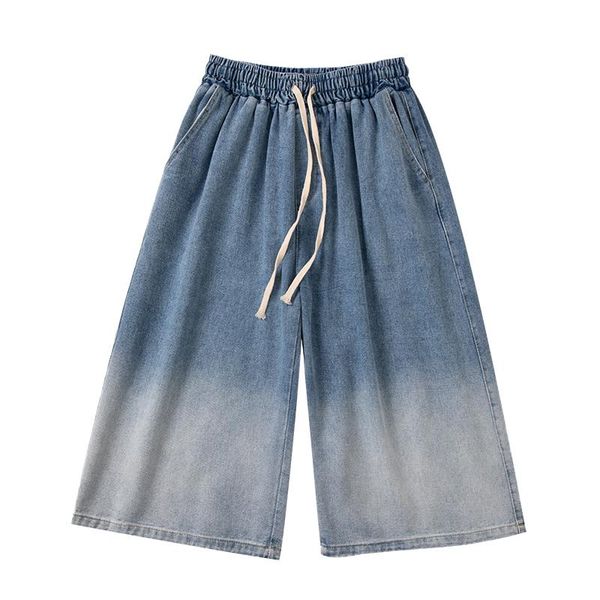 

men's jeans summer gradient shorts male calf length trousers denim elastic waist short jean mens oversized black/blue s-2xl
