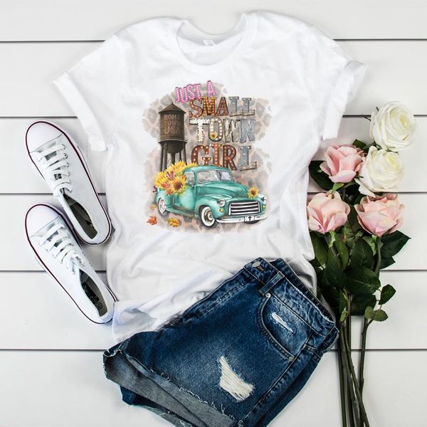 

women's t-shirt women graphic short sleeve female printed ladies camisas mujer womens vintage just a small town girl suflower, White