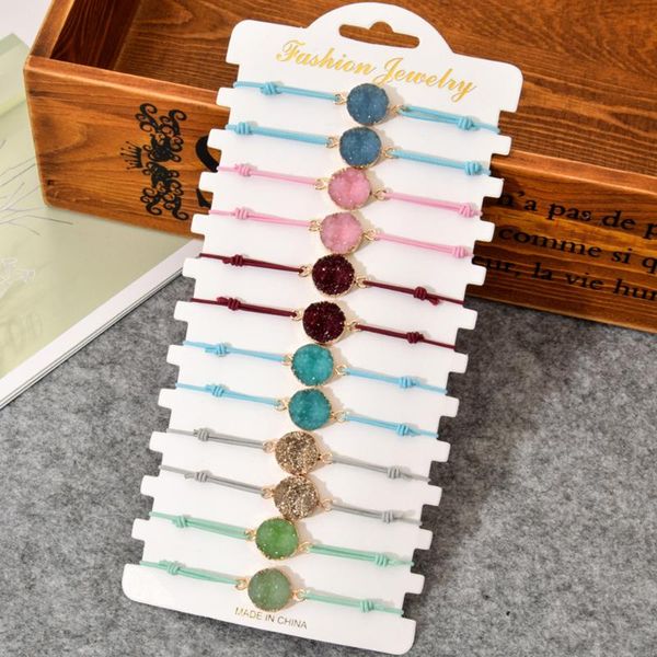 

charm bracelets 12pcs/set handmade woven rope chain bracelet set exquisite round druzy charms for women fashion elastic cuff jewelry, Golden;silver
