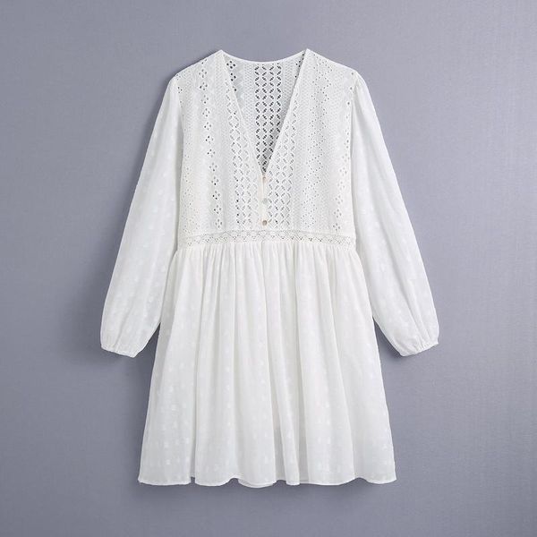 

casual dresses embroidery mini dress women short solid hollow out summer vintage sundress loose long sleeve robe, Black;gray