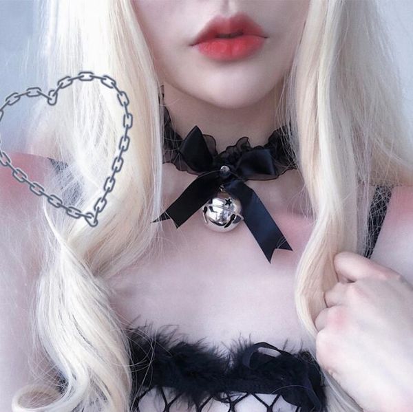 

chains girls lolita bow knot bell choker necklace lace kawaii women gothic simple lovely jingle collar jewelry, Silver