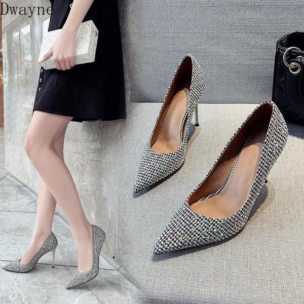 

dress shoes 2021 spring fashion plaid rhinestone wild fine with pointed small fragrant single women, Black