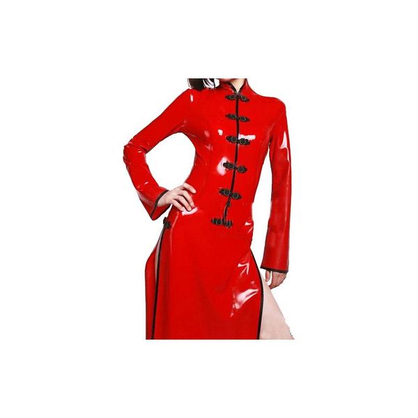 

bras sets 100% rubber latex women cheongsam leg exposure red with black button dress 0.4mm xxs-xxl, Red;black