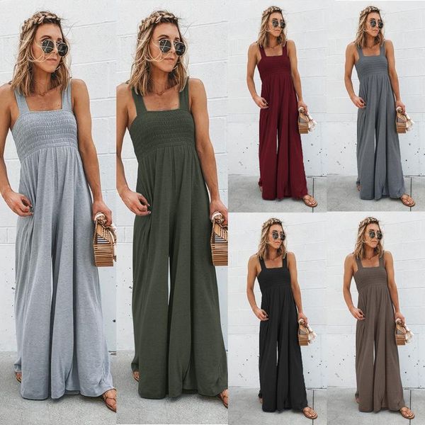 

2021 new casual women rompers solid color sleeveless wide leg long pants jumpsuit plus size summer beach loose jumpsuits female, Black;white