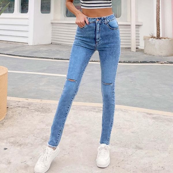 

women's jeans summer autumn high waist ripped blue cute distressed stretch skinny with hole 30681