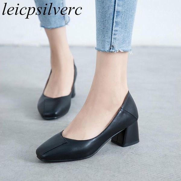 

dress shoes women pumps high heels spring autumn pu square toe slip on thick heel 2021 fashion casual party wedding black