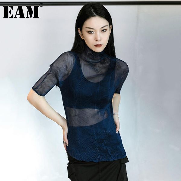 

women's t-shirt [eam] women dark blue pleated perspective thin turtleneck short sleeve fashion tide spring summer 2021 1dd9637, White