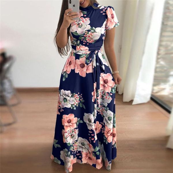 

casual dresses plus size women's summer long super dress 2021 sleeve flower print high collar bandage vestidos, Black;gray