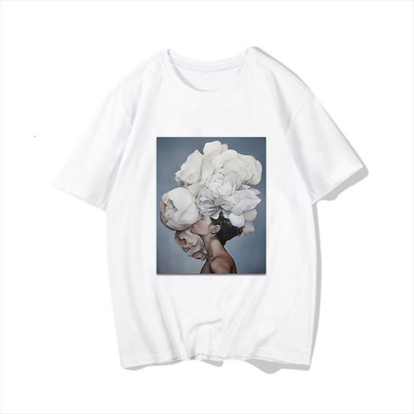 

female harajuku aesthetic feather men t shirts flowers printing fashion mens short sleeve tee casual, White;black