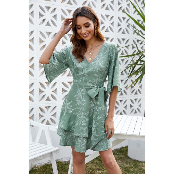 

european and american womens clothing 2021 summer printed v-neck tied dress, Black;gray