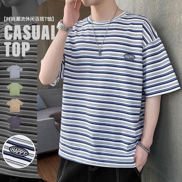

men's t-shirts stripe short sleeve summer round neck student t-shirt cool loose handsome, White;black