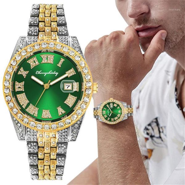 

wristwatches 2021 men diamond business quartz watch stainless steel band casual watches for man green dial relógio masculin, Slivery;brown