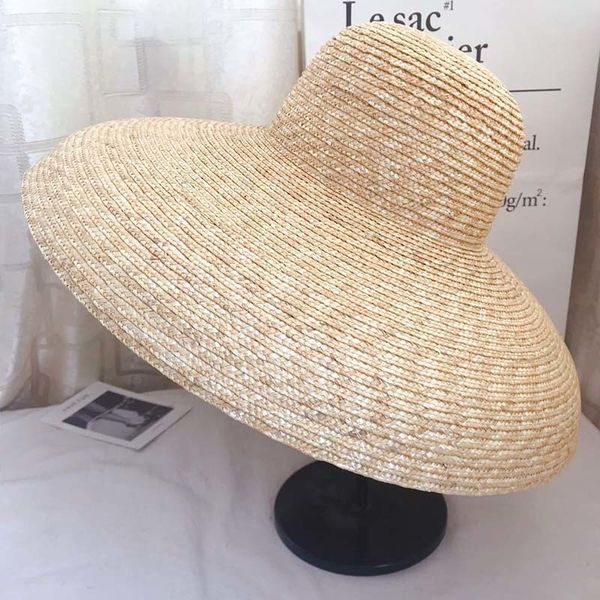 

2021 new elegant women bell type 15cm big wide brim sun casual natural wheat straw summer beach shade ladies hat 6mmd, Blue;gray