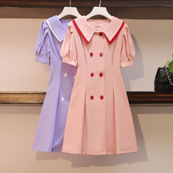 

2021 new summer women vintage double breasted ruffles turn down collar slim casual sweet lady a-line plus size pink je3g, Black;gray