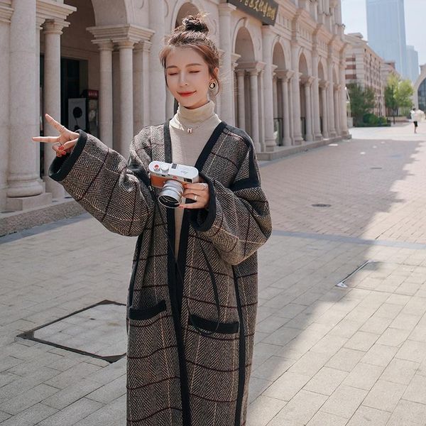 

women's wool & blends plaid woolen jacket women winter x-long adjustable waist round collar big pocket loose casual fashion coat 2021, Black