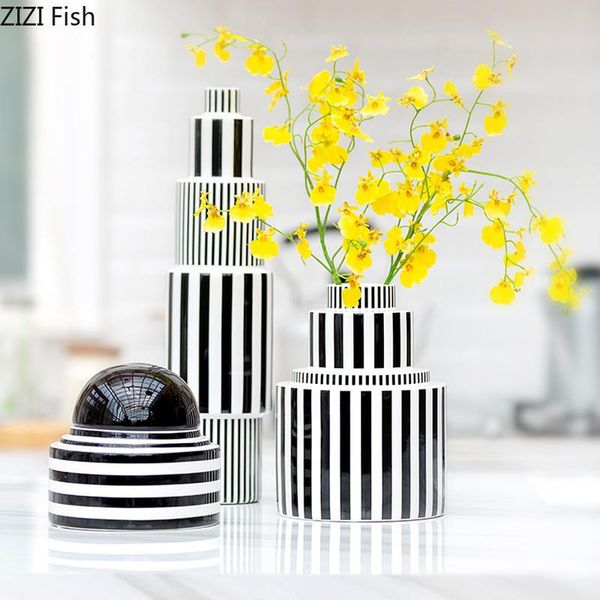 

creative ceramic geometric vase black and white stripes living room table decor bottle art modern striped flower vase home decor