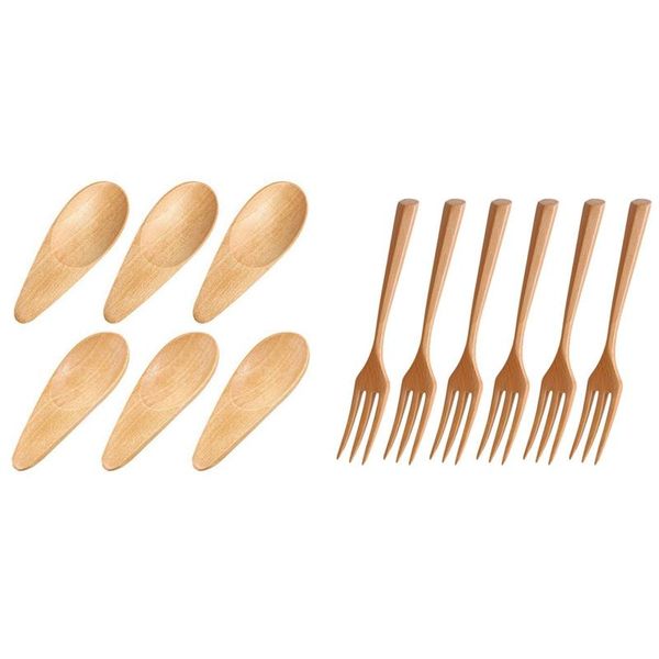 

forks 6 pcs solid wood with wooden scoop condiment spoon mini salt