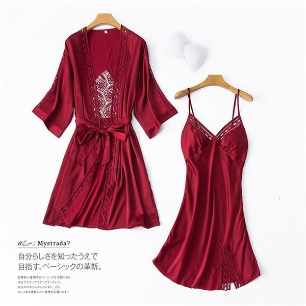 

women robe & gown sets lace sleep lounge back hollowed pijama ladies nightwear bathrobe night dress with chest pads, Black;red