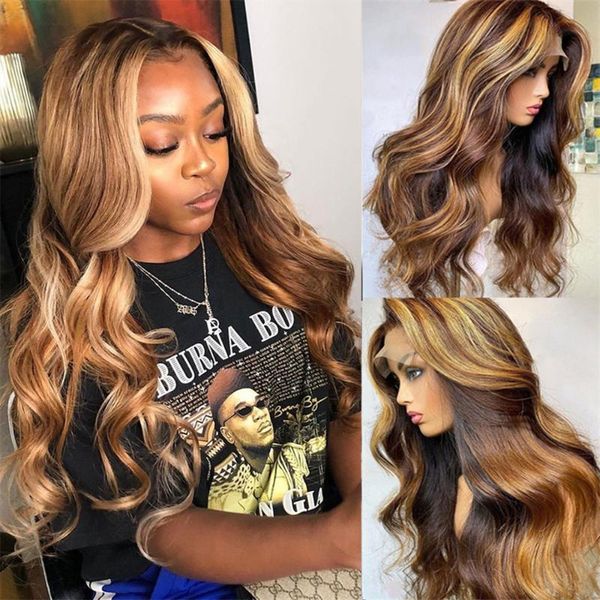 

lace wigs tahikie 4/27 brown honey blonde color wig body wave 13x1 front brazilian colored human hair for black women remy, Black;brown